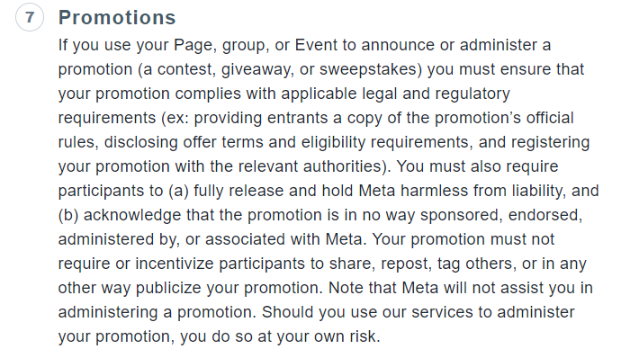 image shows facebook promotion policies and terms