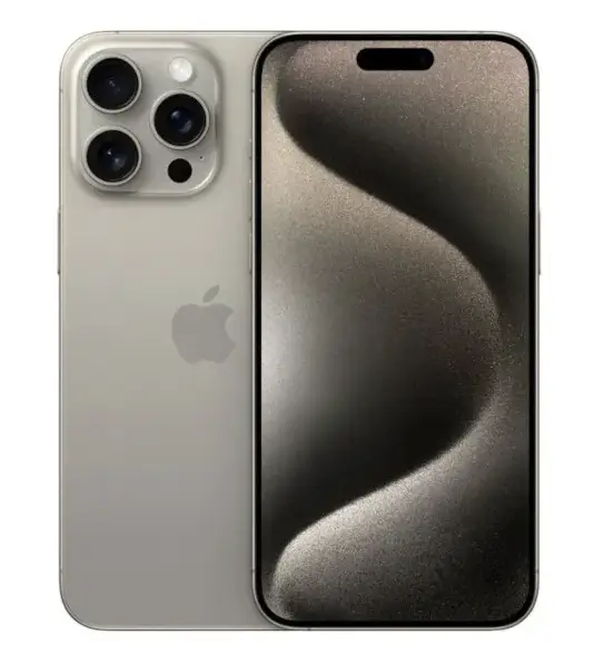 A silver-cased iPhone 15 Pro Max is displayed in the image