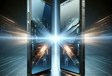 Two sleek smartphones with a modern design, featuring futuristic elements.