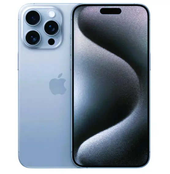 A sleek iPhone 15 Pro Max with a metallic finish, featuring a triple camera setup on the back and a large, edge-to-edge display showcasing dynamic wallpaper.