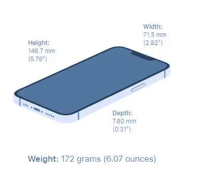 iPhone 14 with dimensions and weight, showcasing its sleek design and portability.