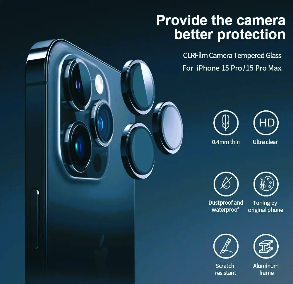 Camera lens cover for iPhone 15 Pro Max, protecting the lens from scratches and dust.