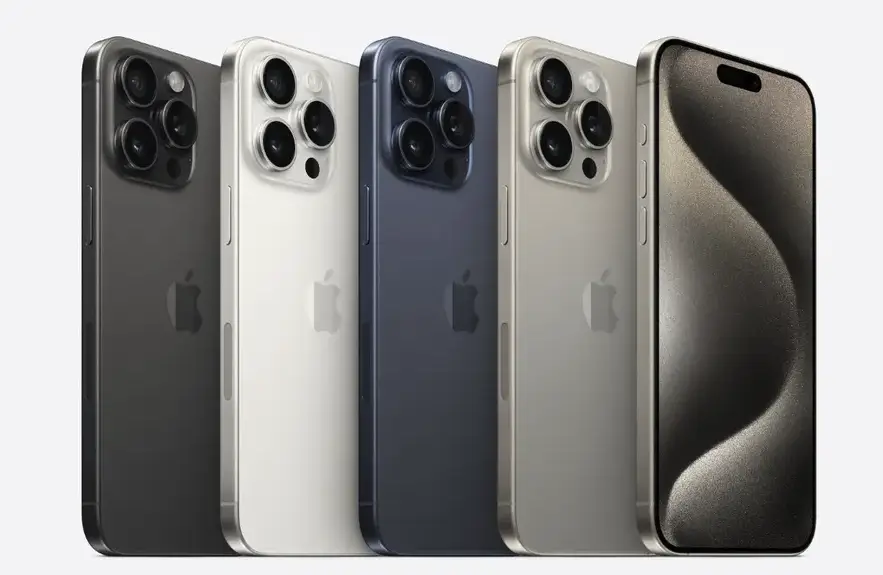 The image showcases the iPhone 15 Pro Max in various colors.