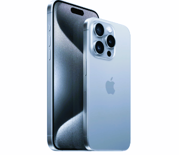 An elegant iPhone 15 Pro Max with a reflective silver back, prominently showcasing its advanced triple camera system and the iconic Apple logo.