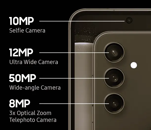 Backside of a Samsung Galaxy S23, featuring 3 cameras