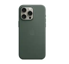 A textured green iPhone 15 Pro Max case with a built-in MagSafe ring for wireless charging and magnetic accessory attachment. The case has a raised lip around the screen and camera for added protection and features a geometric pattern for a stylish look.