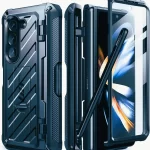 This iPhone 15 Pro Max case features a two-toned black and clear design with a geometric pattern for a modern look. The case is made from a shockproof material and has a slightly raised lip around the screen and camera for added protection. It also has a built-in MagSafe ring for secure wireless charging.