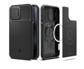 A slim, black iPhone 15 Pro Max case with a built-in MagSafe ring for wireless charging and magnetic accessory attachment. The case has a raised lip around the screen and camera for added protection.