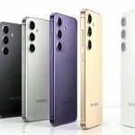 The image shows four Galaxy S24, two in grey and two in purple, arranged in a row. They are shown in different positions to show off their backs, which have a pattern of circles in different sizes. The phones are on a white background.