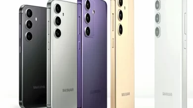 The image shows four Galaxy S24, two in grey and two in purple, arranged in a row. They are shown in different positions to show off their backs, which have a pattern of circles in different sizes. The phones are on a white background.