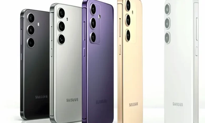 The image shows four Galaxy S24, two in grey and two in purple, arranged in a row. They are shown in different positions to show off their backs, which have a pattern of circles in different sizes. The phones are on a white background.