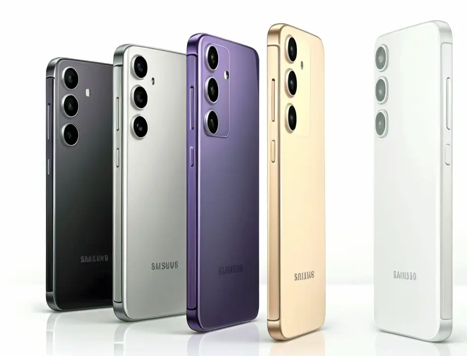The image shows four Galaxy S24, two in grey and two in purple, arranged in a row. They are shown in different positions to show off their backs, which have a pattern of circles in different sizes. The phones are on a white background.