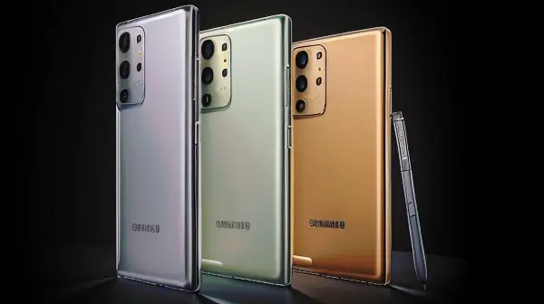 The image displays three Samsung Galaxy S24 Ultra smartphones, arranged in a row on a black background. The phones are in different colors: silver, green, and gold. Each phone has a pen resting beside it.