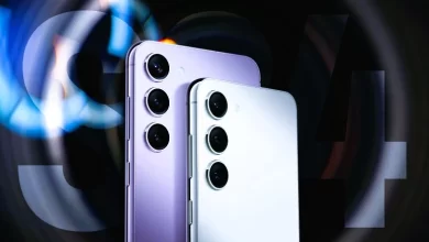 Two Samsung S24 Plus smartphones, one in lavender and another in white, showcasing their rear camera arrays against a dynamic, abstract background.