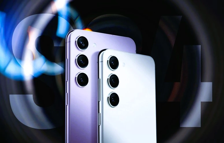 Two Samsung S24 Plus smartphones, one in lavender and another in white, showcasing their rear camera arrays against a dynamic, abstract background.