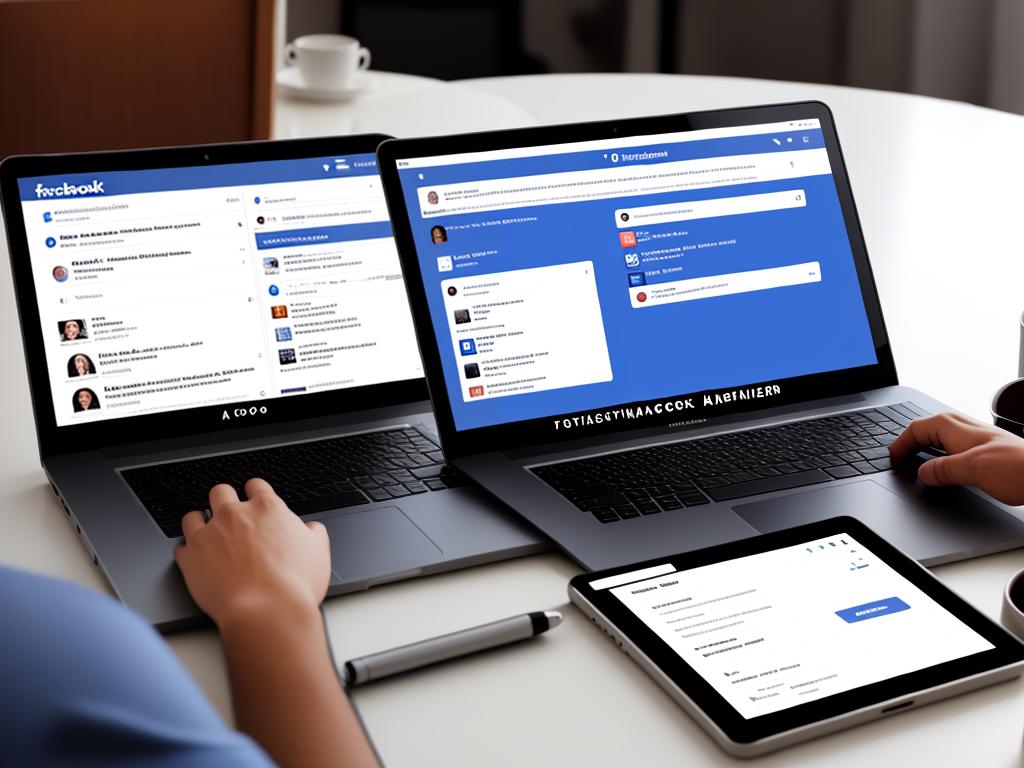 Illustration depicting a person using Facebook Business Manager to manage their advertising campaigns.